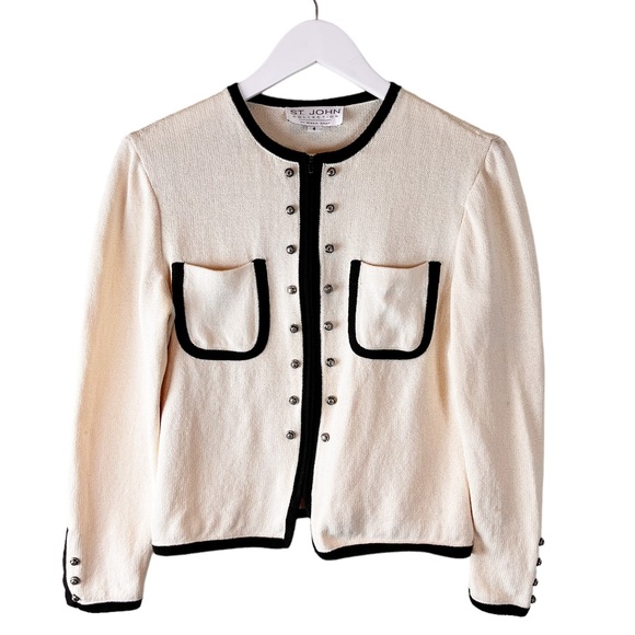 St. John Collection Jackets & Blazers - St. John Ivory Cream Black Trim Pocket Classic Santana Knit Zip Jacket 4